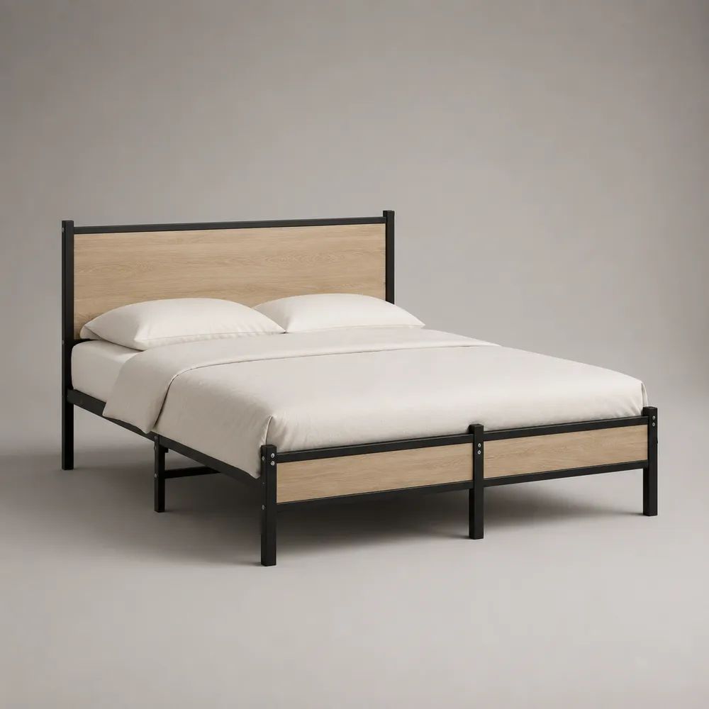 Letto matrimoniale 166 x 207 x 100 cm per materasso 160 x 200 cm, con testiera in legno effetto rovere e struttura in acciaio nero