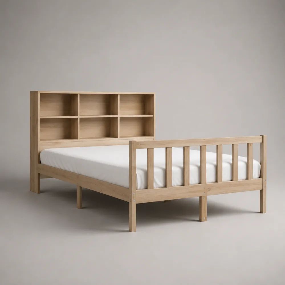 Letto una piazza e mezza 140 x 200 cm in pino massello con testiera libreria a 6 vani, beige chiaro