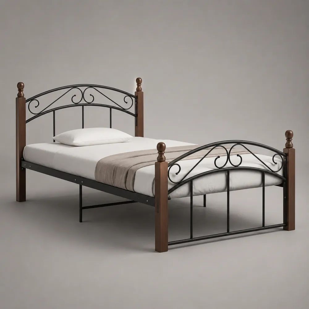 Letto singolo rettangolare 90 x 200 cm in acciaio nero con montanti in pino massello marrone, 208 x 96 x 105 cm