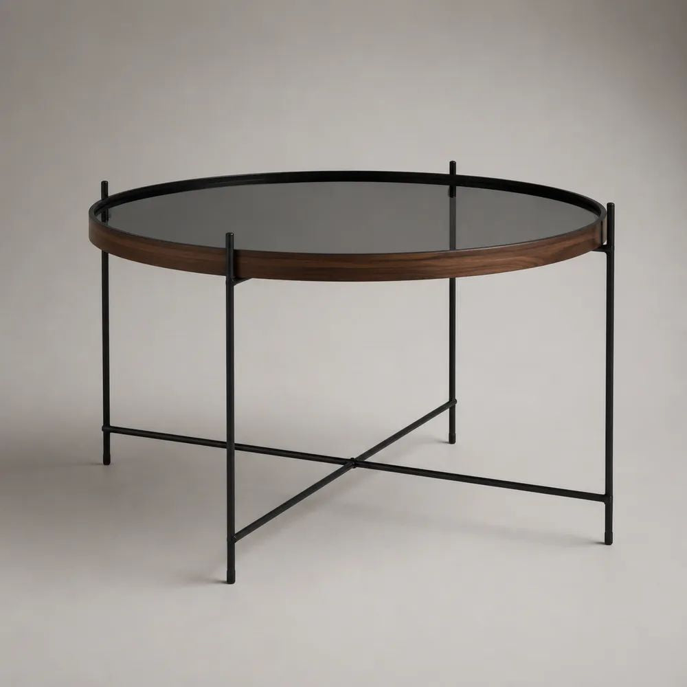 Tavolino da salotto rotondo in vetro temperato fumé, acciaio nero e legno color noce, Ø 80 x H 45 cm