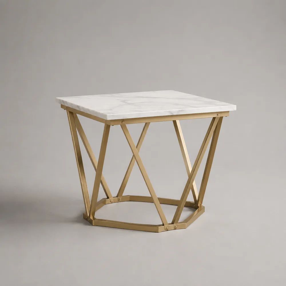 Tavolino da salotto quadrato in MDF effetto marmo e acciaio dorato, 60 × 60 × 50 cm, bianco e oro