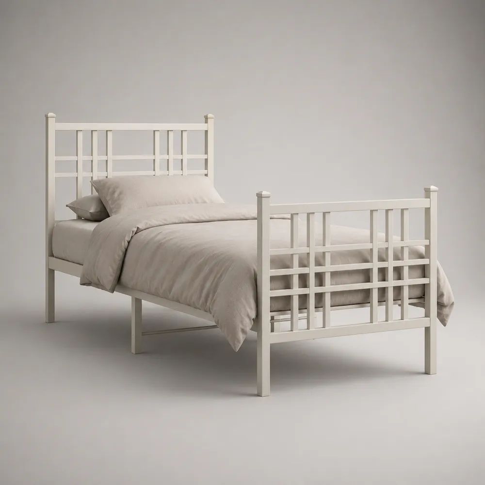 Letto alla francese rettangolare in acciaio bianco per materasso 140 x 190 cm, dimensioni 198 x 147 x 110 cm