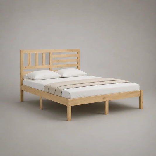 Letto matrimoniale 160 x 200 cm in legno massello, con rete a doghe e testiera, dimensioni 208 x 166 x 100 cm, beige naturale