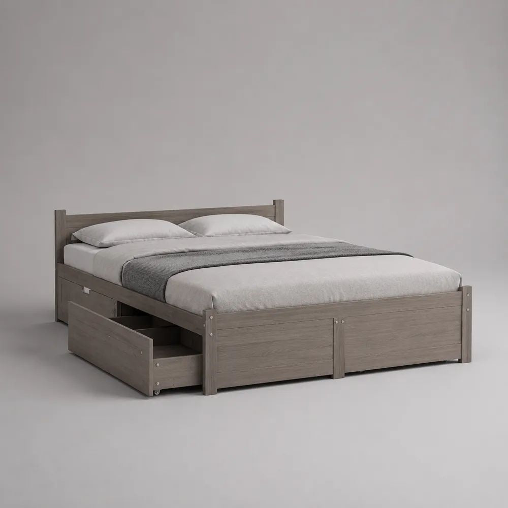 Letto matrimoniale contenitore 160 x 200 cm in legno massello di pino grigio con 4 cassetti, 208 x 168 x 90 cm