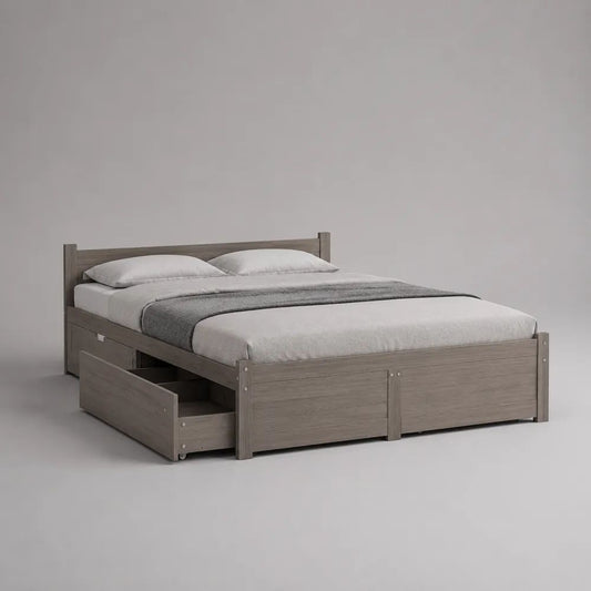 Letto matrimoniale contenitore 160 x 200 cm in legno massello di pino grigio con 4 cassetti, 208 x 168 x 90 cm