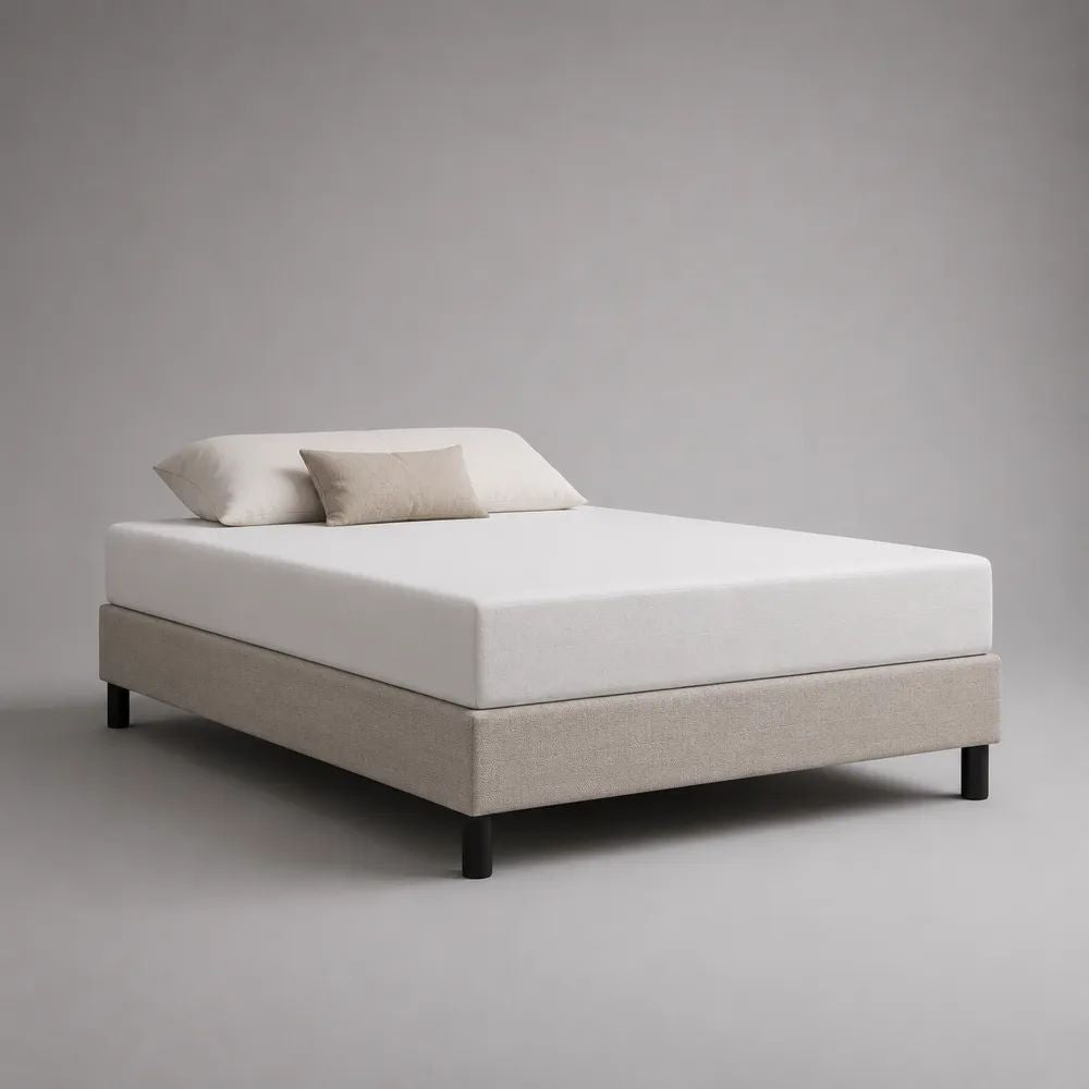 Letto matrimoniale imbottito in tessuto beige 160 x 200 cm con testiera curva e piedini neri