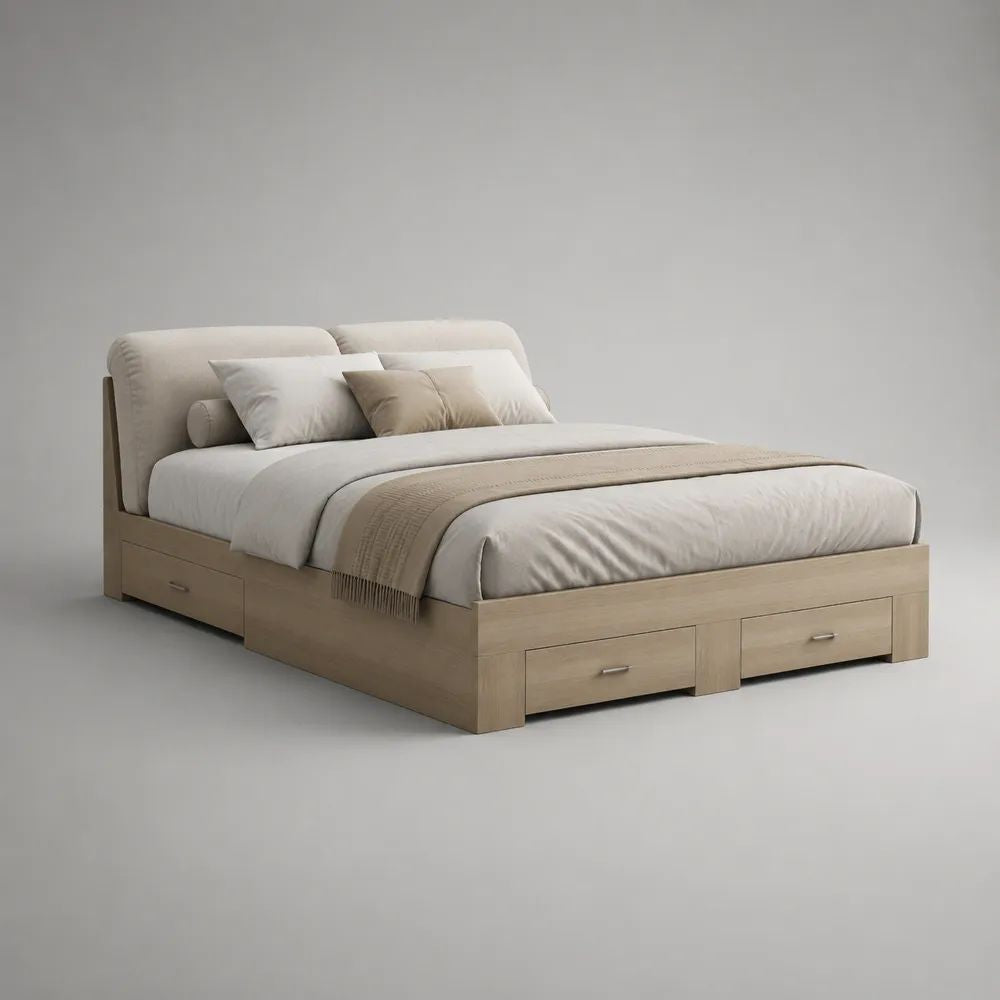 Letto matrimoniale in pannelli melaminici con testiera imbottita e 4 cassetti, rovere chiaro e beige, 168 x 218 x 108 cm, per materasso 160 x 200 cm