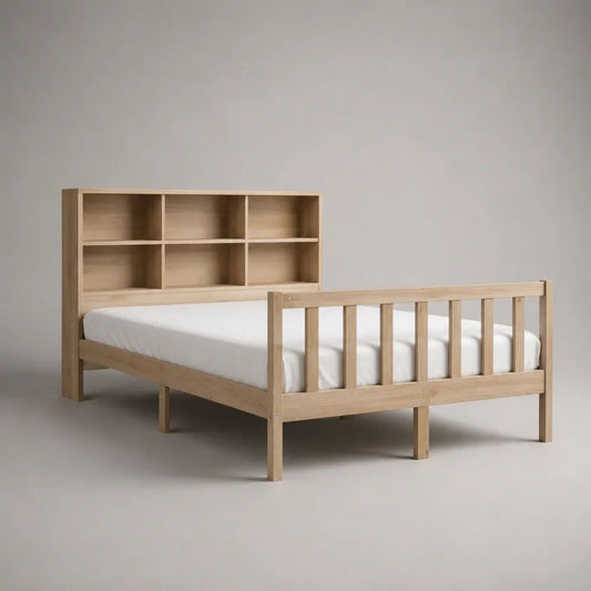 Letto una piazza e mezza 140 x 200 cm in pino massello con testiera libreria a 6 vani, beige chiaro
