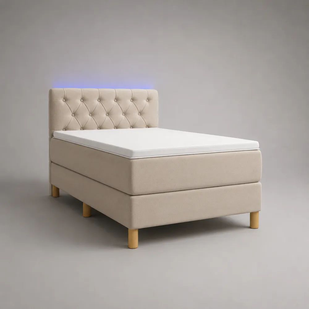 Letto boxspring singolo 90 x 200 cm beige con materasso, topper bianco, testiera capitonné in tessuto e illuminazione LED