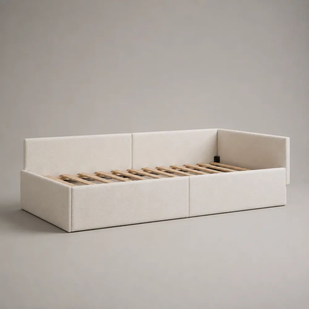 Letto matrimoniale imbottito 180 x 200 cm con rete a doghe in legno e rivestimento in tessuto bouclé avorio, 214 x 194 x 85 cm