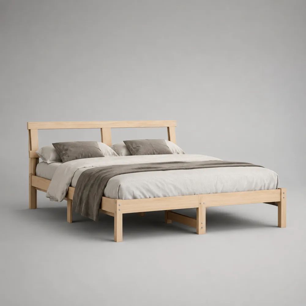 Letto matrimoniale in legno naturale con testiera e rete a doghe, superficie 160 x 200 cm, dimensioni 210 x 168 x 100 cm