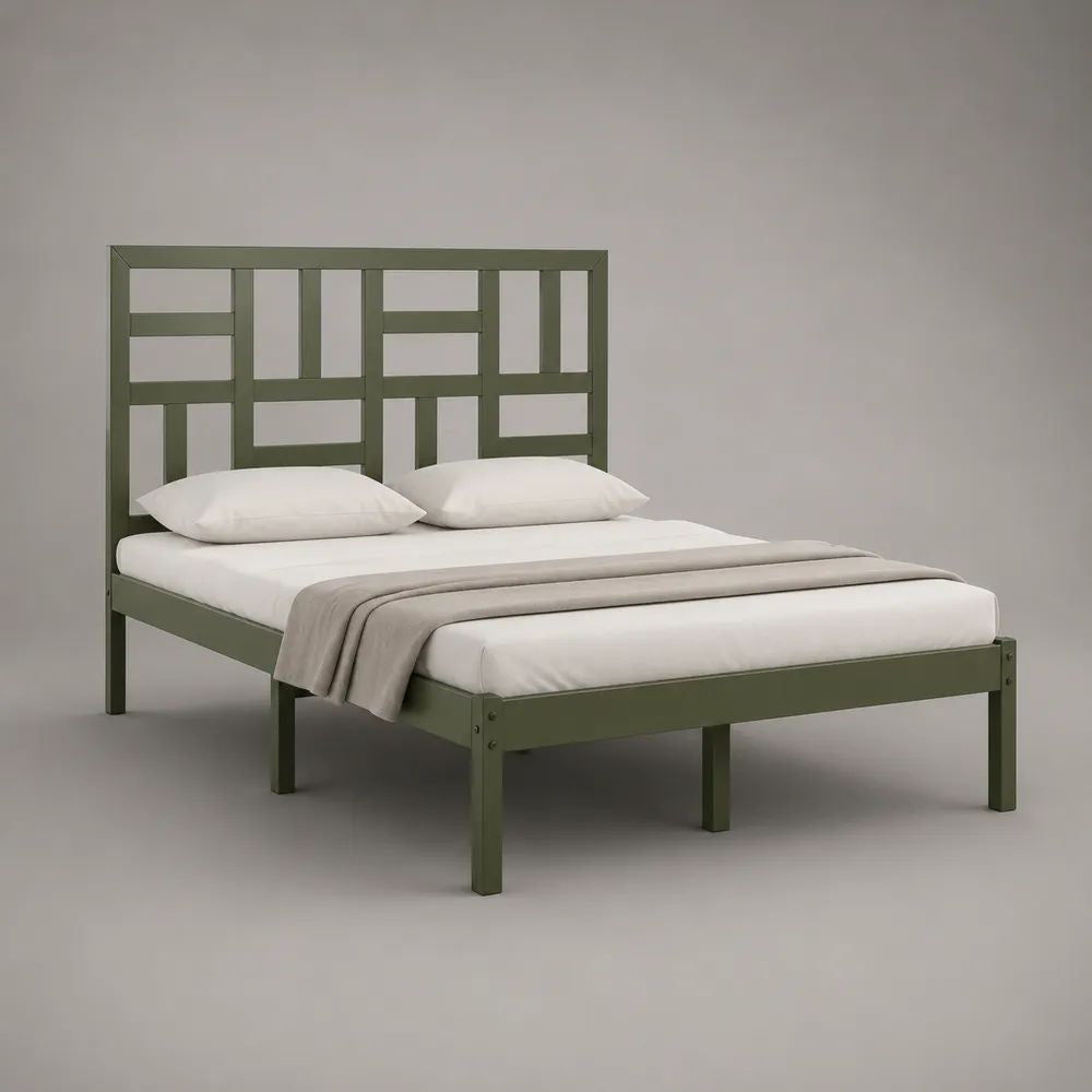 Struttura letto matrimoniale 160 x 200 cm in acciaio con testiera geometrica, verde oliva