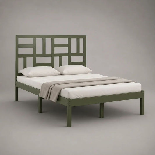 Struttura letto matrimoniale 160 x 200 cm in acciaio con testiera geometrica, verde oliva