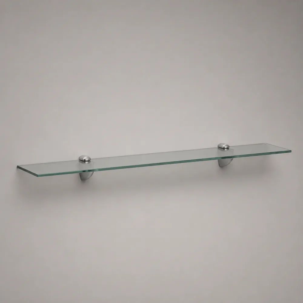 Mensola da parete rettangolare in vetro trasparente con supporti in metallo cromato, 80 x 15 x 0,8 cm