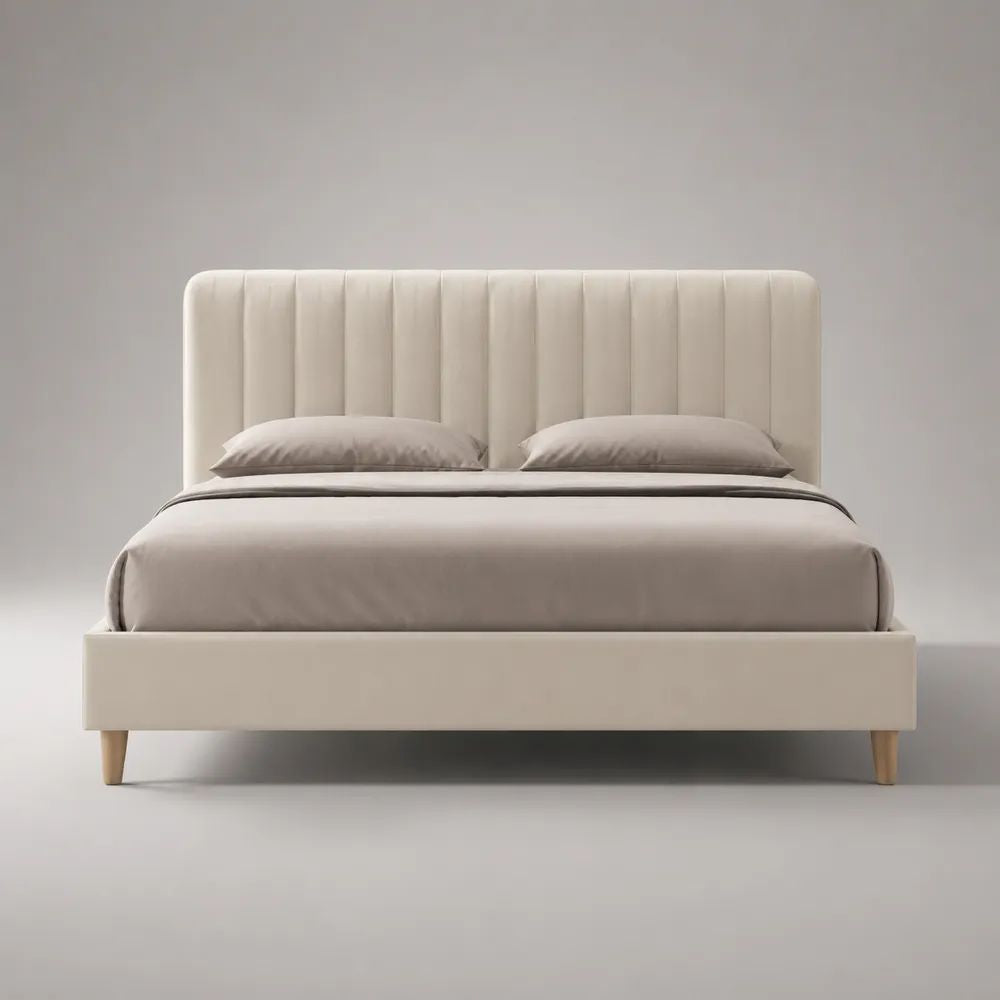 Letto matrimoniale imbottito beige 160 x 200 cm in tessuto con testiera scanalata e rete a doghe, 172 x 216 x 112 cm