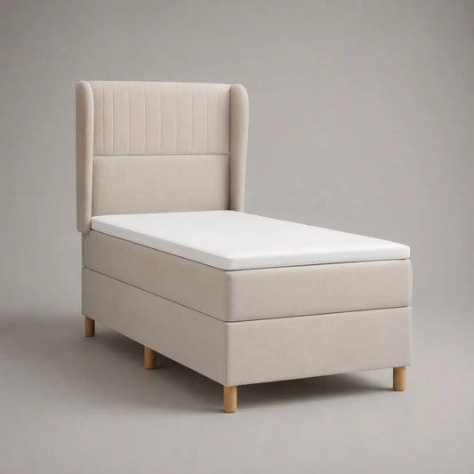 Letto singolo boxspring completo imbottito in poliestere beige con materasso e topper, superficie di riposo 90 x 200 cm, dimensioni 100 x 215 x 120 cm