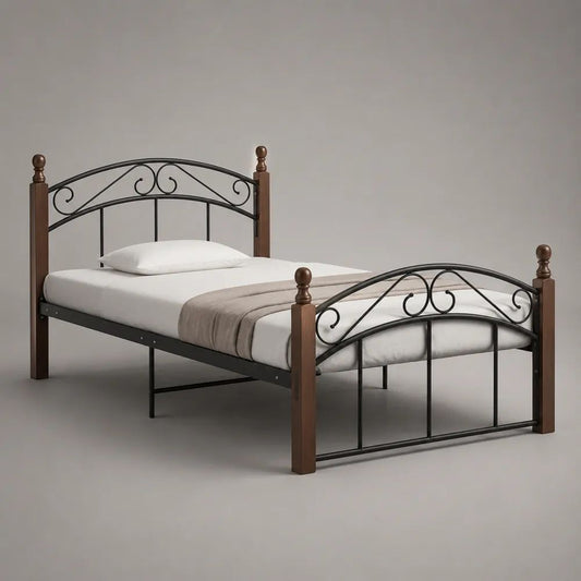 Letto singolo rettangolare 90 x 200 cm in acciaio nero con montanti in pino massello marrone, 208 x 96 x 105 cm