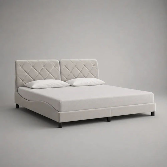 Letto matrimoniale imbottito beige chiaro con testiera trapuntata e rete a doghe, 172 × 214 × 105 cm, per materasso 160 × 200 cm