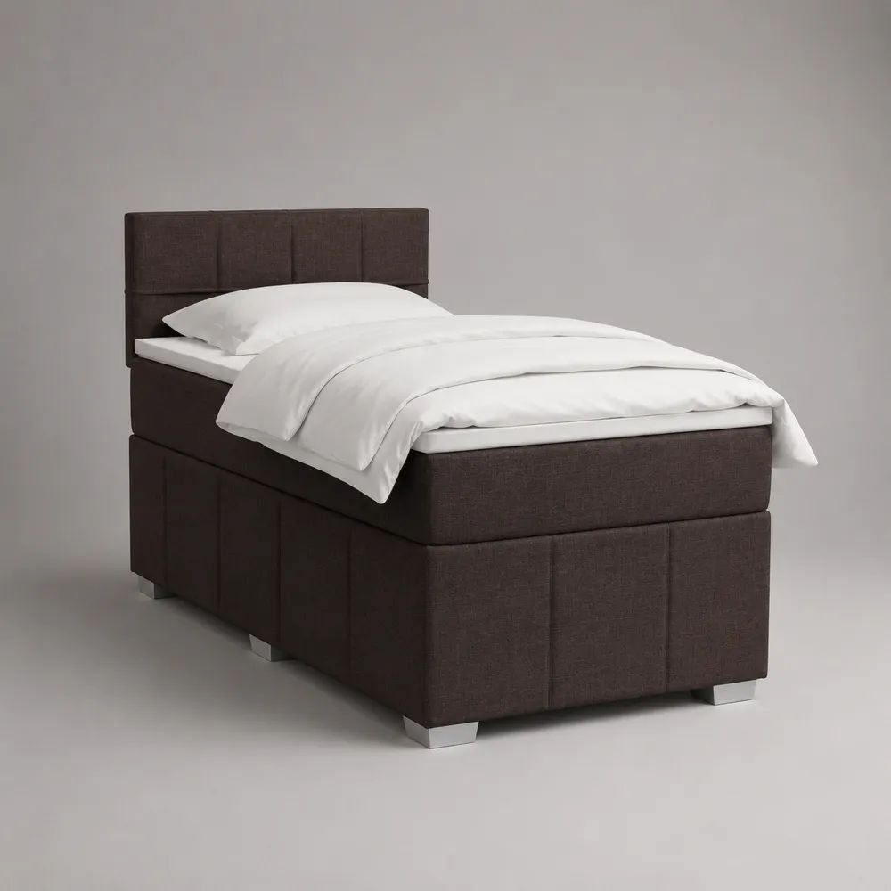 Letto boxspring singolo imbottito in tessuto, set 4 pezzi con materasso, topper e testiera, marrone scuro, 90 x 200 cm