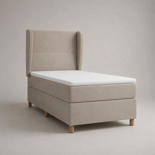 Letto singolo continentale imbottito in poliestere beige e bianco 90 x 200 cm con materasso, sovramaterasso e testiera