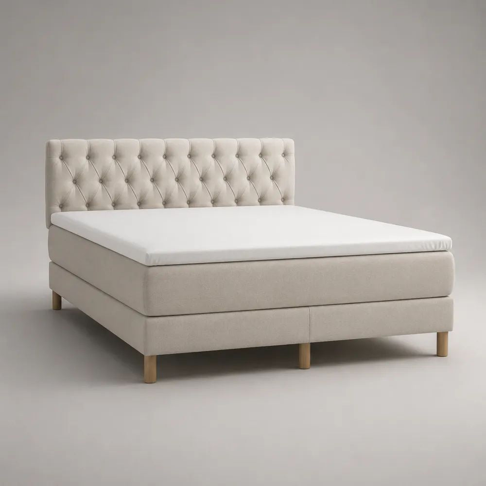 Letto matrimoniale boxspring in tessuto beige con testiera capitonné, materasso e topper, superficie di riposo 160 x 200 cm