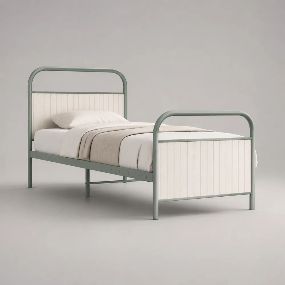 Letto singolo 90 x 200 cm con struttura in acciaio e pannelli in MDF, verde salvia e bianco