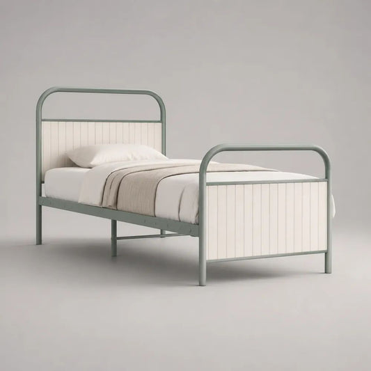 Letto singolo 90 x 200 cm con struttura in acciaio e pannelli in MDF, verde salvia e bianco