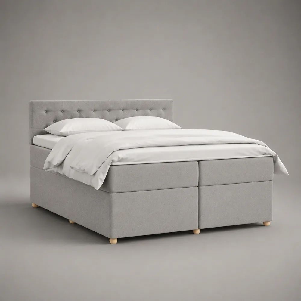 Set letto boxspring matrimoniale 180 x 200 cm in tessuto grigio chiaro con 2 materassi, topper e testiera capitonné