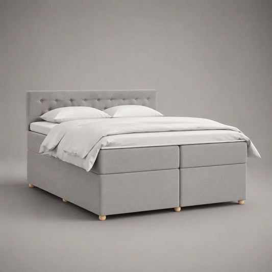 Set letto boxspring matrimoniale 180 x 200 cm in tessuto grigio chiaro con 2 materassi, topper e testiera capitonné