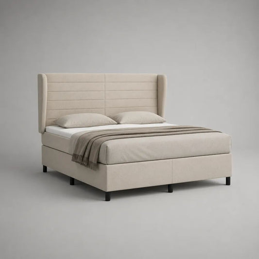 Letto matrimoniale imbottito beige 160 × 200 cm con testiera alta, rete a doghe e struttura in legno, 178 × 218 × 126 cm