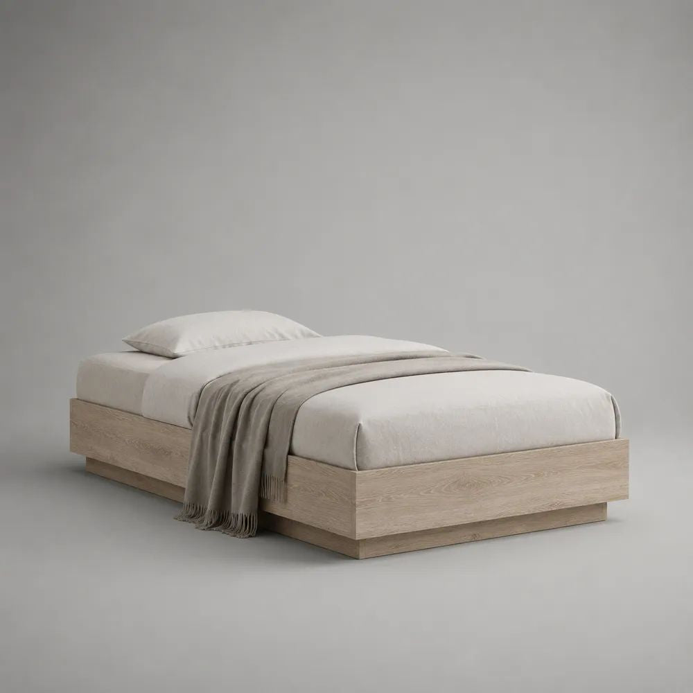 Letto singolo a piattaforma rettangolare in pannello truciolare melaminico rovere chiaro, per materasso 90 x 200 cm, dimensioni 96 x 206 x 35 cm