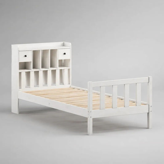 Letto singolo per bambini 90 x 190 cm in pino massello e MDF bianco con testiera libreria e 2 cassetti, 205 x 98 x 150 cm