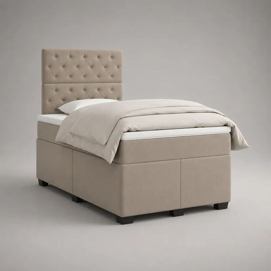 Letto boxspring singolo imbottito in velluto beige 100 x 210 x 140 cm con materasso 90 x 200 cm e testiera capitonné