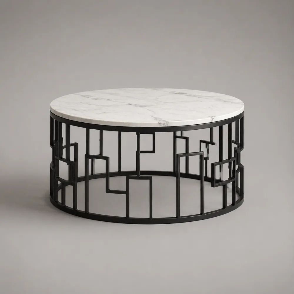 Tavolino rotondo in marmo bianco venato e acciaio nero, Ø 80 × 45 cm