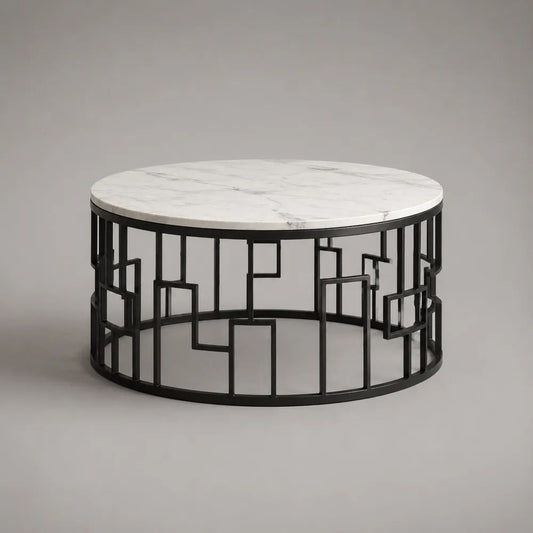 Tavolino rotondo in marmo bianco venato e acciaio nero, Ø 80 × 45 cm