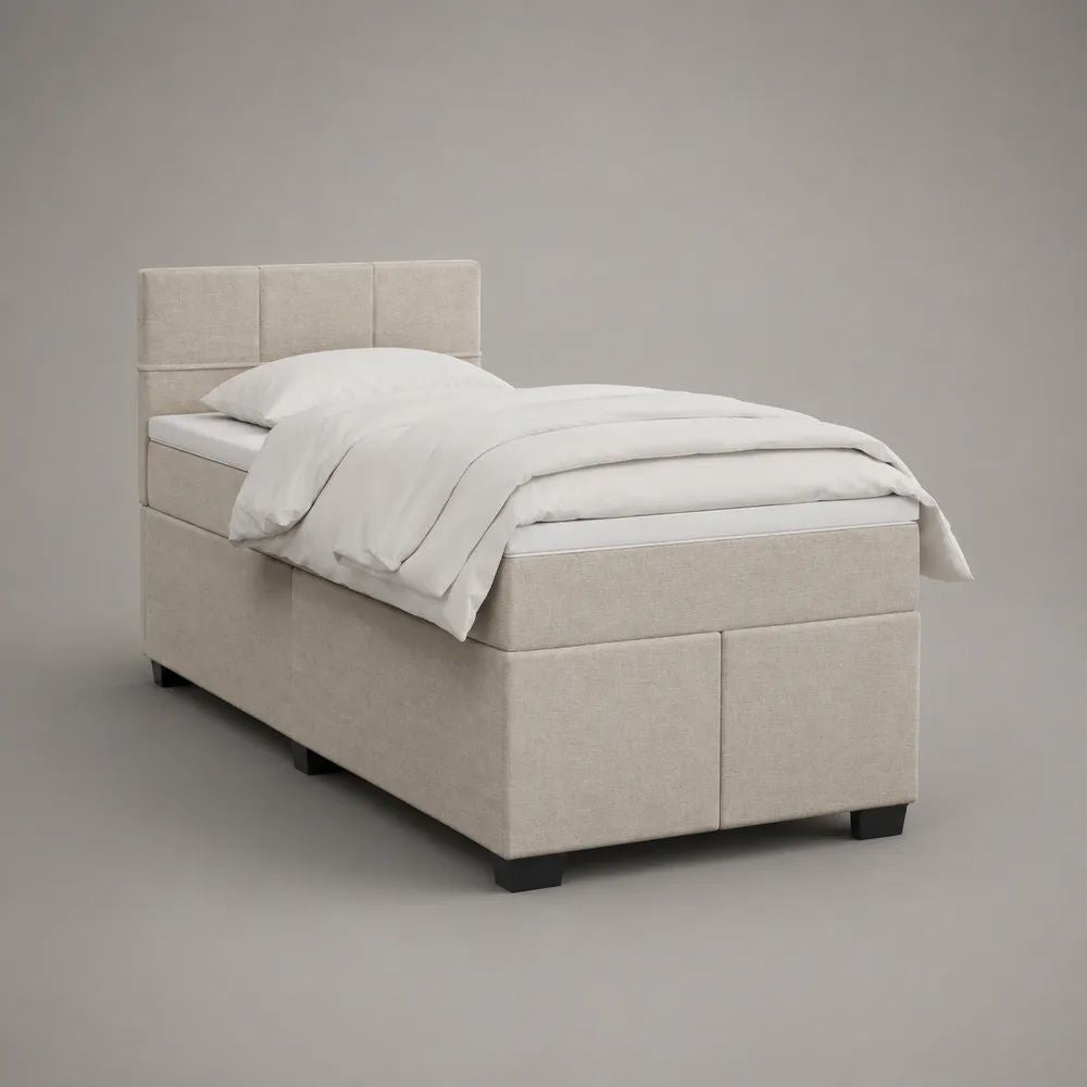 Letto boxspring singolo imbottito beige 90 x 200 cm con testiera, materasso e topper