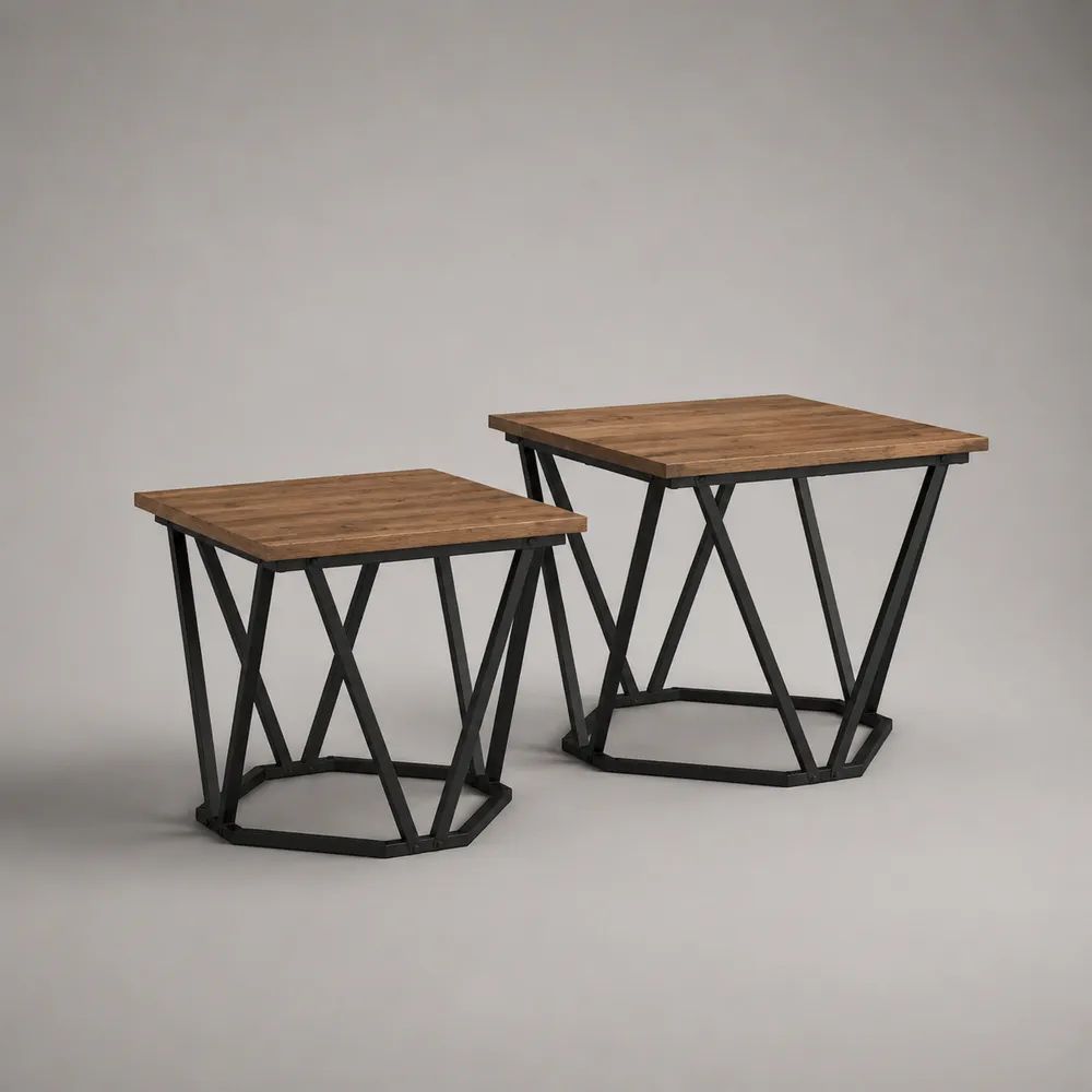 Set di 2 tavolini quadrati in acciaio e pannello melaminico marrone e nero, 55 × 55 × 50 cm e 45 × 45 × 40 cm
