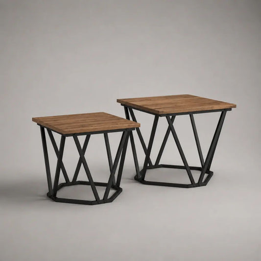 Set di 2 tavolini quadrati in acciaio e pannello melaminico marrone e nero, 55 × 55 × 50 cm e 45 × 45 × 40 cm