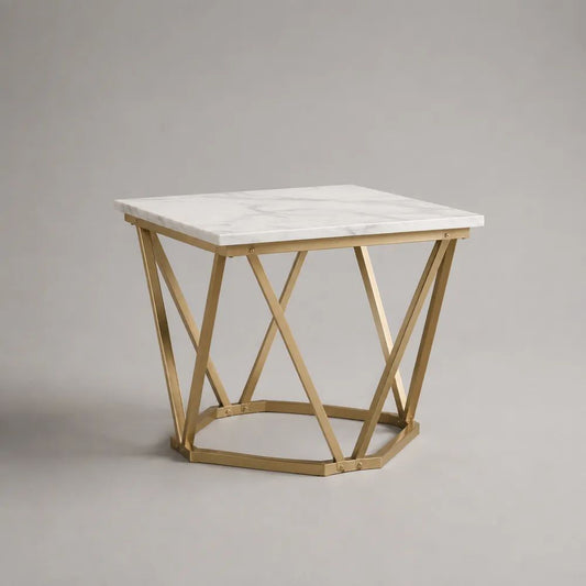 Tavolino da salotto quadrato in MDF effetto marmo e acciaio dorato, 60 × 60 × 50 cm, bianco e oro