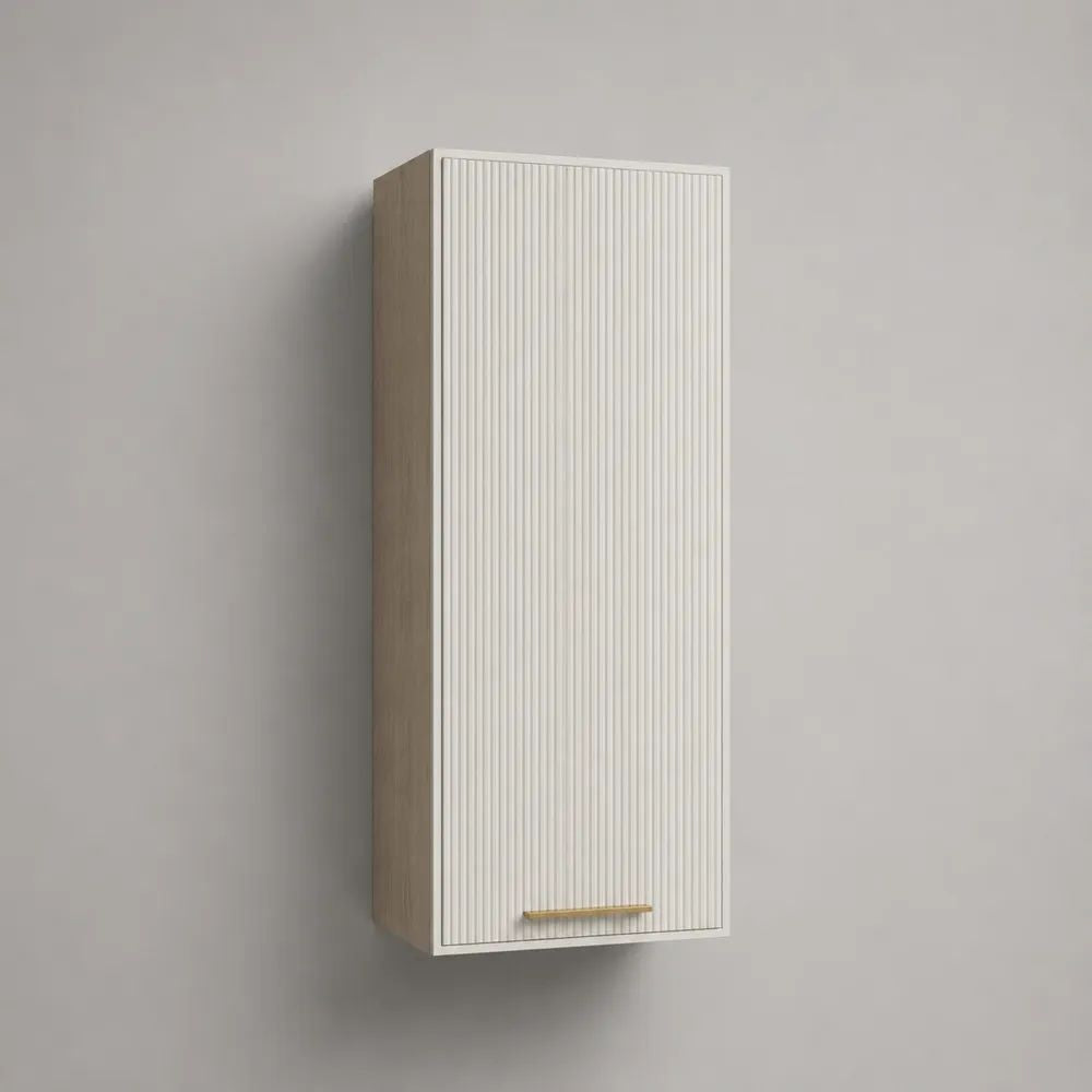 Mobile pensile da parete rettangolare con anta battente in MDF e truciolare, bianco opaco, rovere chiaro e oro, 40 x 30 x 120 cm
