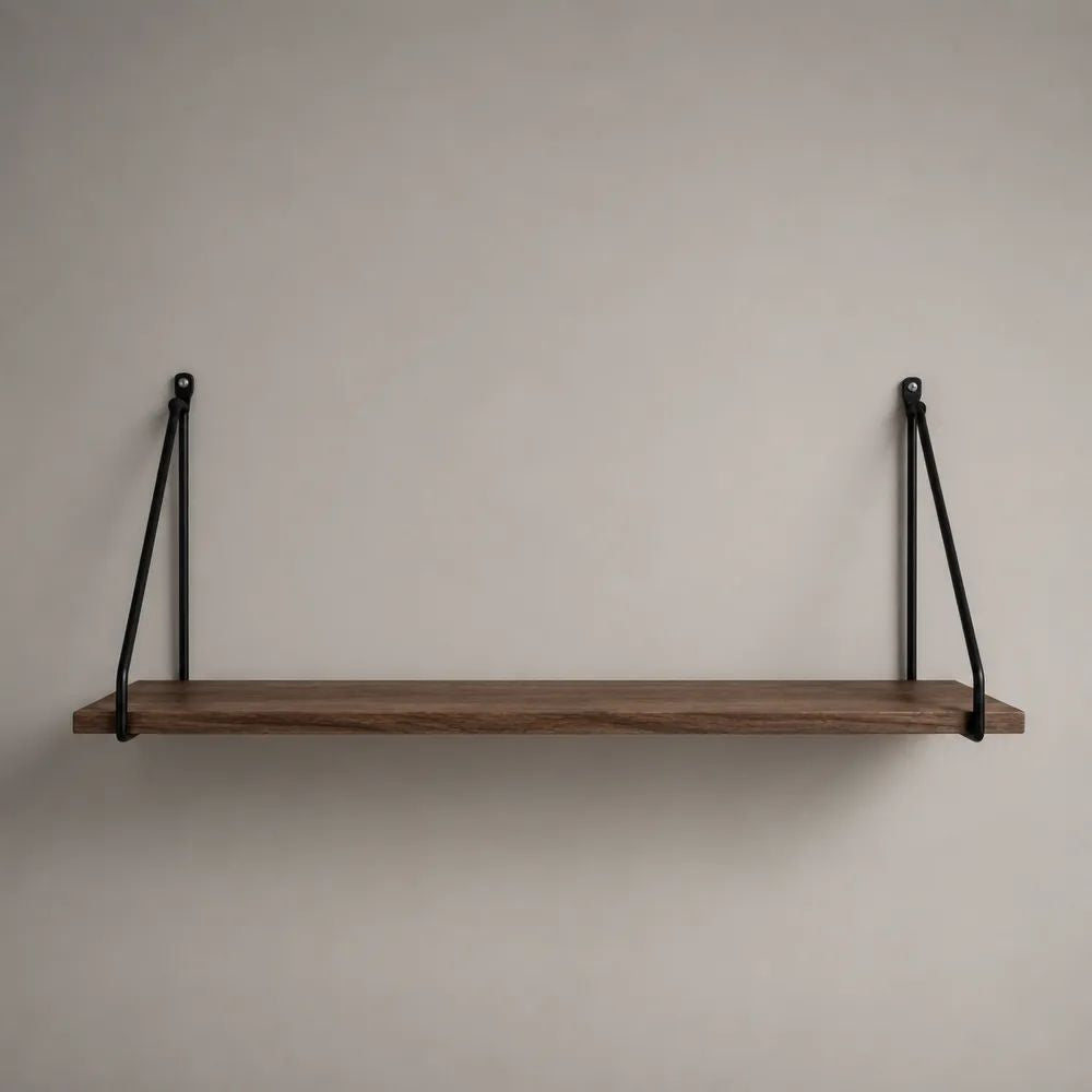 Mensola da parete rettangolare in pino massello e acciaio nero, 90 x 20 x 35 cm, marrone noce