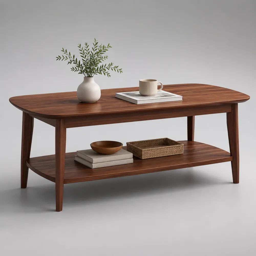Tavolino da salotto rettangolare in legno massello marrone noce con ripiano, 110 x 60 x 45 cm