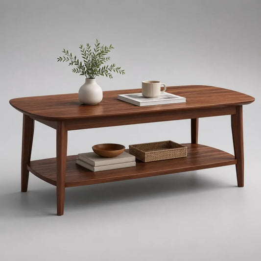 Tavolino da salotto rettangolare in legno massello marrone noce con ripiano, 110 x 60 x 45 cm