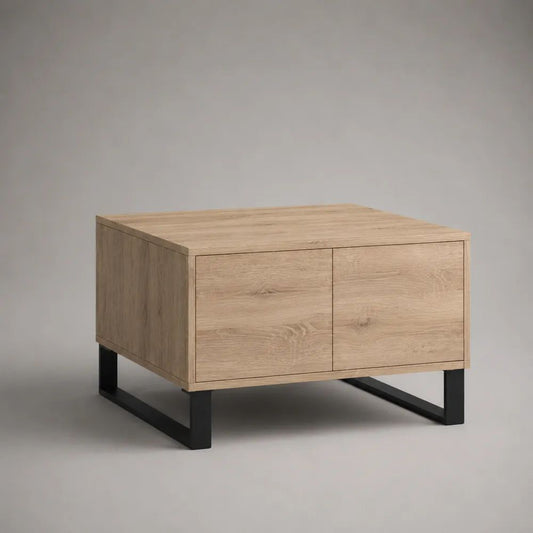 Tavolino contenitore quadrato in pannello truciolare melaminico e acciaio, rovere chiaro e nero, 70 × 70 × 50 cm